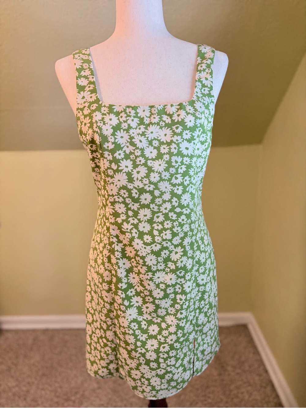 Sage the Label Green Cream Floral Square-Neck Mini Dress Mod Daisies 90’s Style